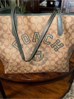 Coach Brown Signature Canvas Tote with Green Trim and Logo city Varsity